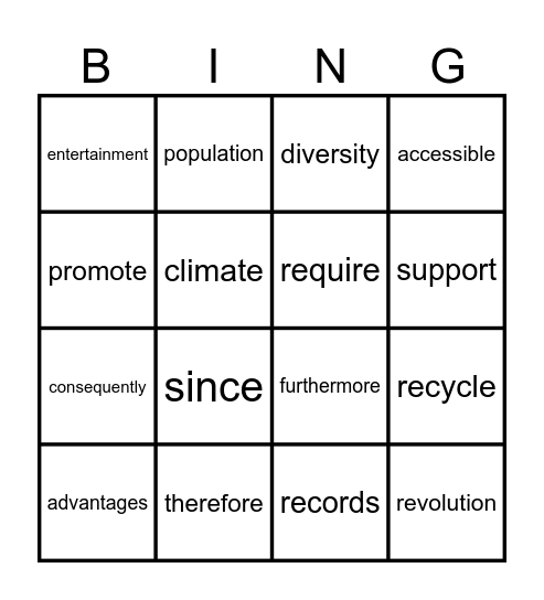 Vocabuary Summary Bingo Card