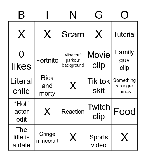 YouTube shorts Bingo Card