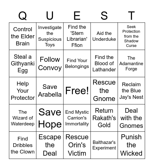 Baldur's Gate 3 Quest Bingo Card
