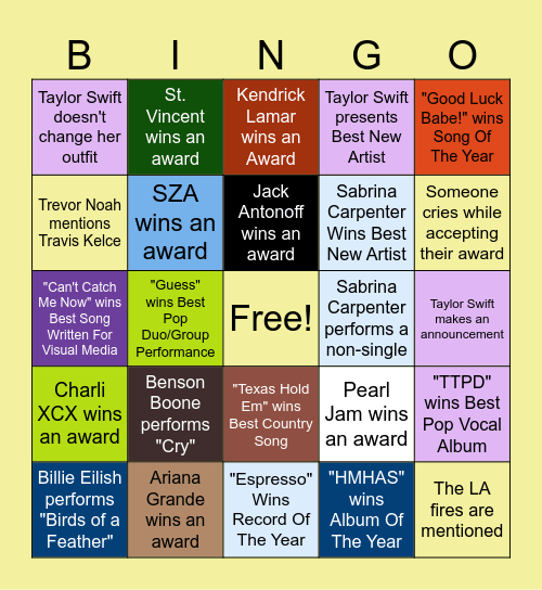 Grammys Bingo Card