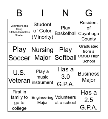 Scholarship Bingo Card