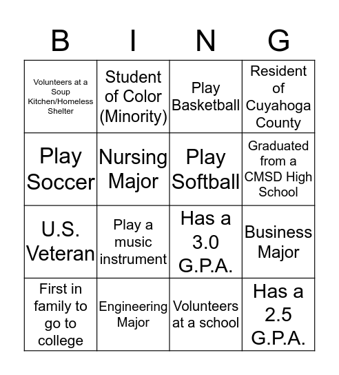 Scholarship Bingo Card