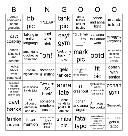 the girls bingo Card