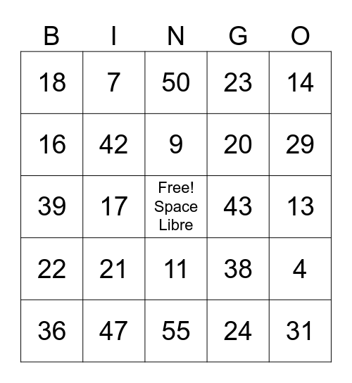 Numbers 1 - 67 Bingo Card