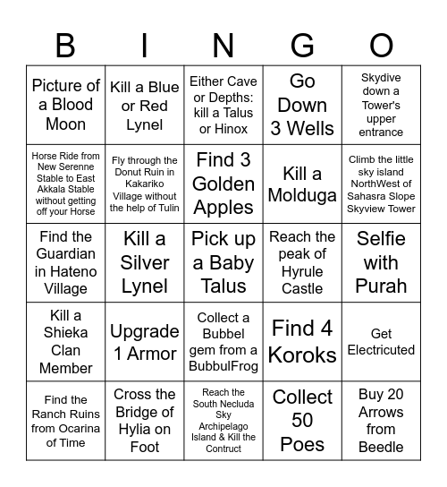 Tears of the Kingdom Bingo Card