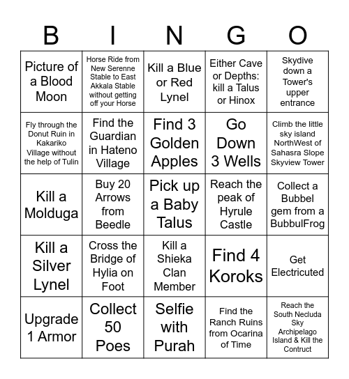 Tears of the Kingdom Bingo Card