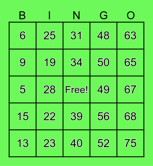 Number Bingo 1 - 79 Bingo Card