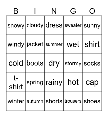 Revision (weather, clothes) Bingo Card