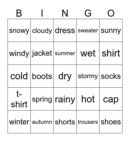 Revision (weather, clothes) Bingo Card