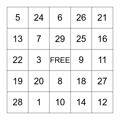 number list Bingo Card