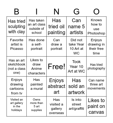 Art Student Bingo Card