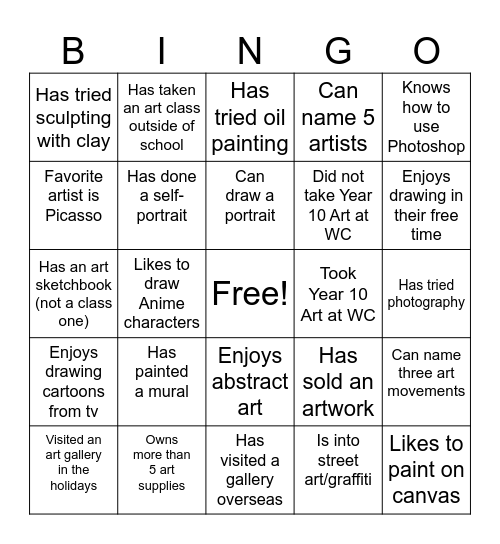 Art Student Bingo Card