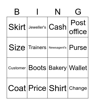 Shopping Bingo Card