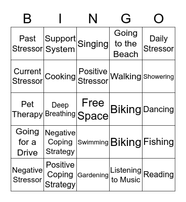 Stress Management Bingo Card