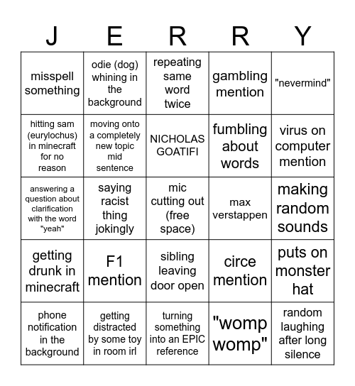 jerry toes Bingo Card