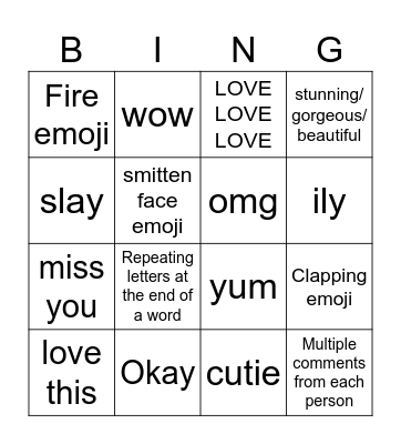Girl insta comment section Bingo Card