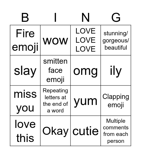 Girl insta comment section Bingo Card
