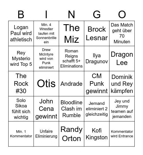 WWE Men’s Royal Rumble Bingo Card