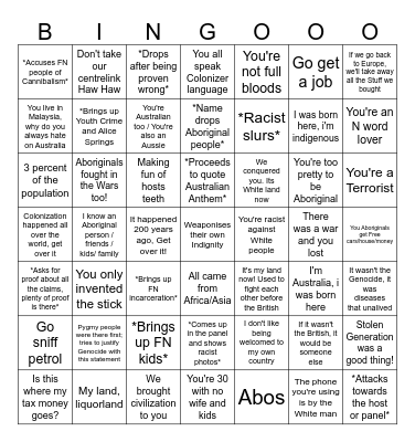Aussie Racist Bingo Card