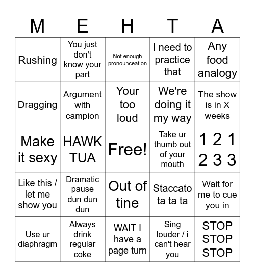 MEHTA BINGO Card