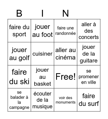 Les loisirs Bingo Card
