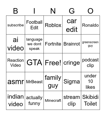 Youtube Shorts Bingo Card