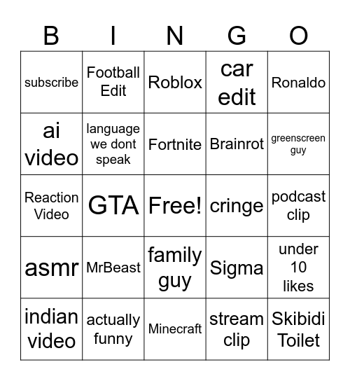 Youtube Shorts Bingo Card