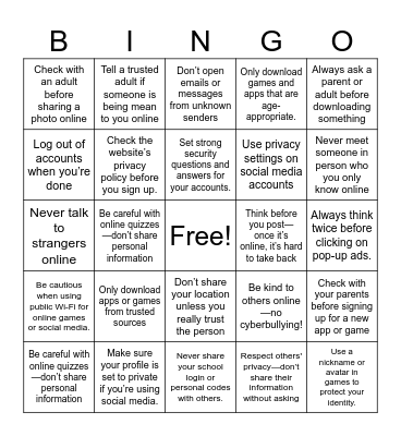 Online Safety Bingo Card