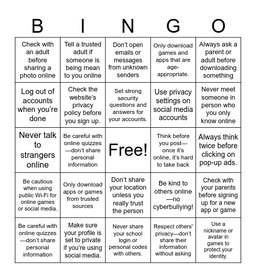 Online Safety Bingo Card