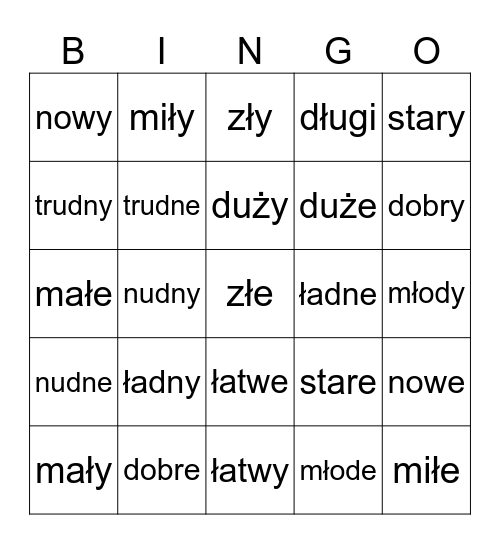 Jaki? Jakie? Bingo Card