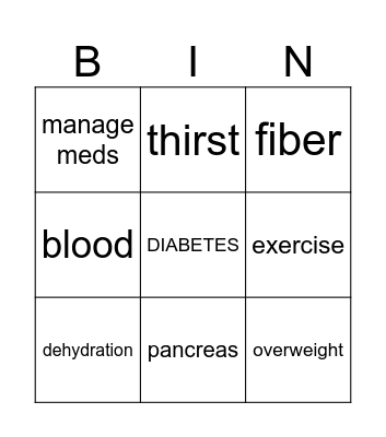 Diabetes Bingo Card