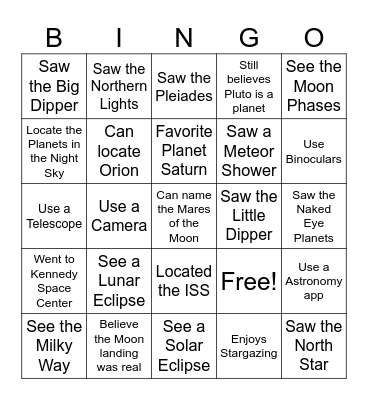 Astronomy Bingo Card