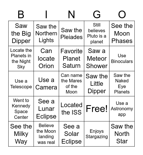 Astronomy Bingo Card