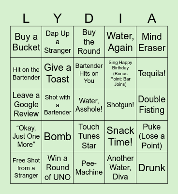 Lydia’s Birthday Bingo Card