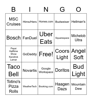 Super Bowl Bingo! Bingo Card