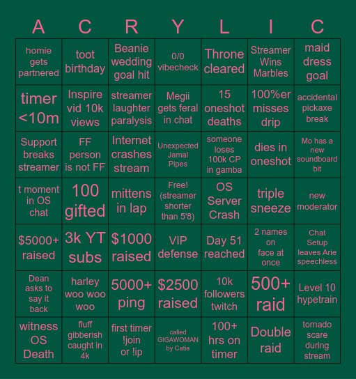 2025 Subathon Bingo Card