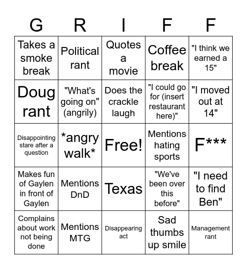 Griff Bingo Card