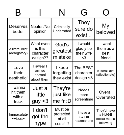 Character Opinion Bingo Card