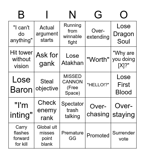 League VC Bingo Card
