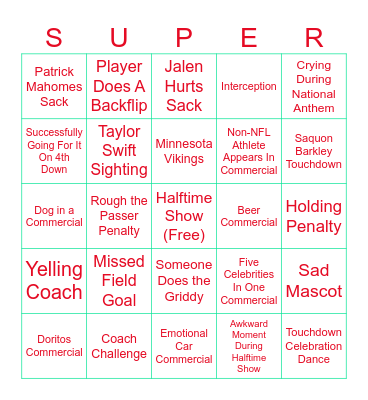 Super Bowl Bingo Card