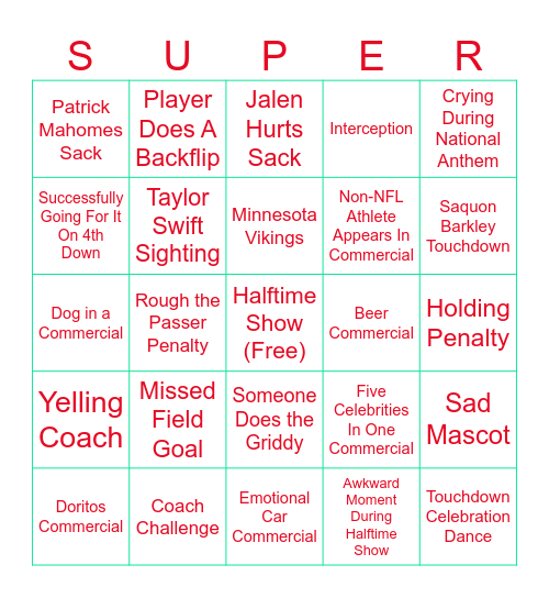Super Bowl Bingo Card