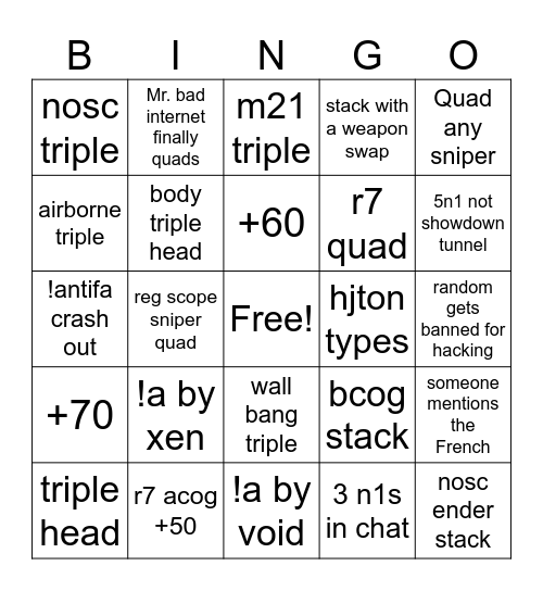 Cod4 Sunday Bingo Card