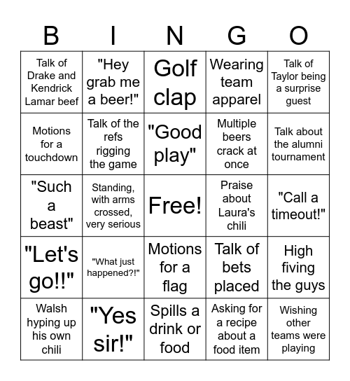 Super Bowl Bingo Card