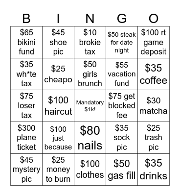 Findom Bingo Card