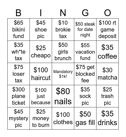Findom Bingo Card