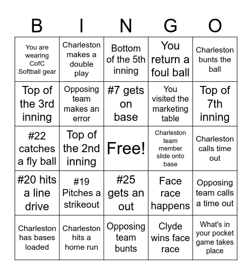Charleston Softball Bingo Card