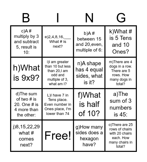 Thinking Math Bingo Card