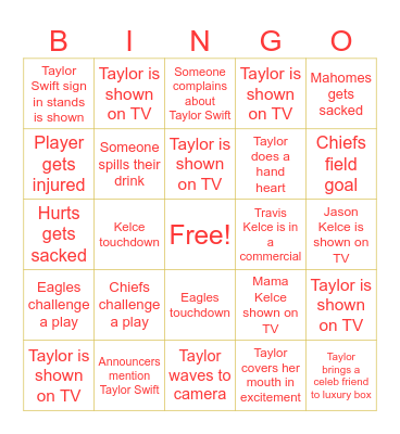 Taylor Swift Super Bowl Bingo Card