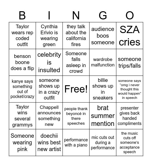 Grammys Bingo Card