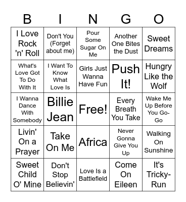 80s Music Bingo Card